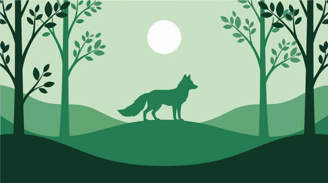 Silhouette of a wolf standing on a green hill in a forest under a full moon, minimalist vector illustration