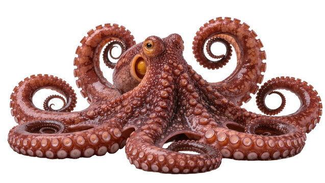 Raw brown octopus with curled tentacles, isolated on transparent background