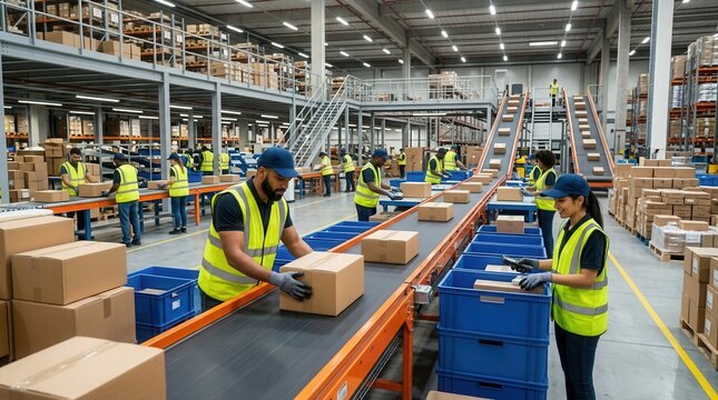 Employees in safety vests and caps handle packages to ensure timely online order delivery.