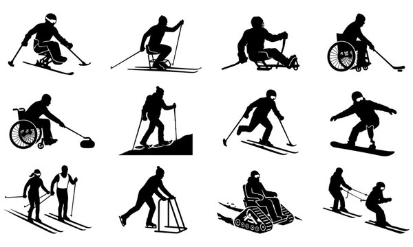 Adaptive winter sports silhouettes set with para athletes, sit-ski, sled hockey, wheelchair curling, para snowboarding, and disabled sports icons