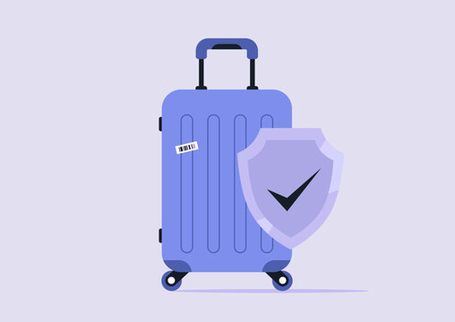 A sturdy blue suitcase stands confidently with a shield symbol nearby, representing luggage insurance that safeguards your belongings while traveling to new destinations.