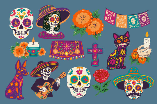 Colorful Mexican Day of the Dead vector sticker set with sugar skulls, Catrina, marigolds, candles, cat, guitar, cross, rose, papel picado and traditional festive elements.