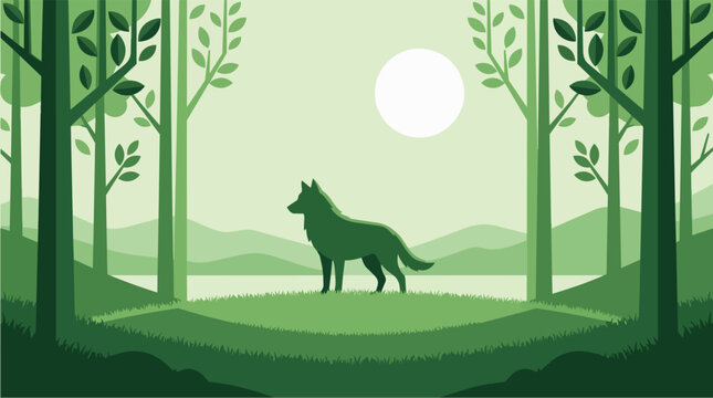 A lone wolf stands majestically in a tranquil, moonlit green forest, surrounded by tall trees and distant mountains, embodying the serene wilderness and natural beauty