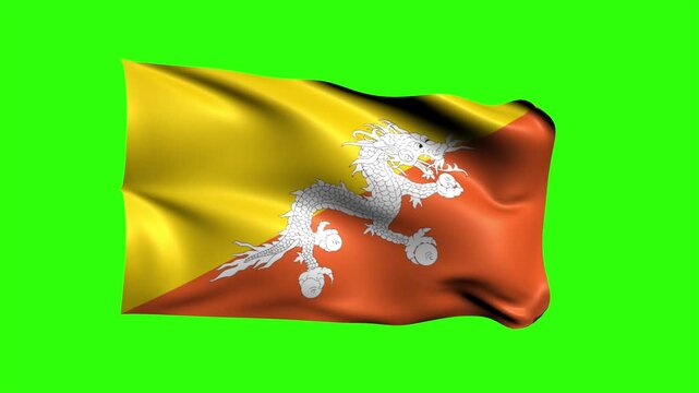 Looping Realistic Bhutan Flag Waving on Green Screen Background, 3D Animation