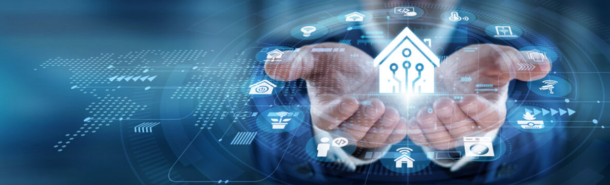 Connected living devices. automated home comfort. remote security monitoring. integrated house control. modern lifestyle tech. Owner hands hold Smart Home tablet, managing lights and appliances.