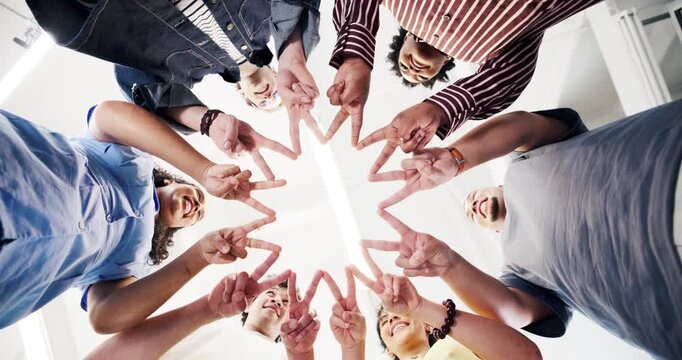 College, hands and star with friends, education and solidarity for academic development and support. University, low angle and happy people with scholarship, knowledge and students with motivation