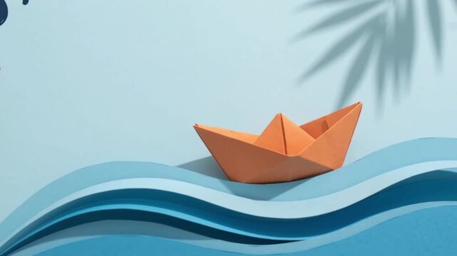 Happy teacher's day with orange paper origami boat resting on layered blue paper waves against a light blue background.