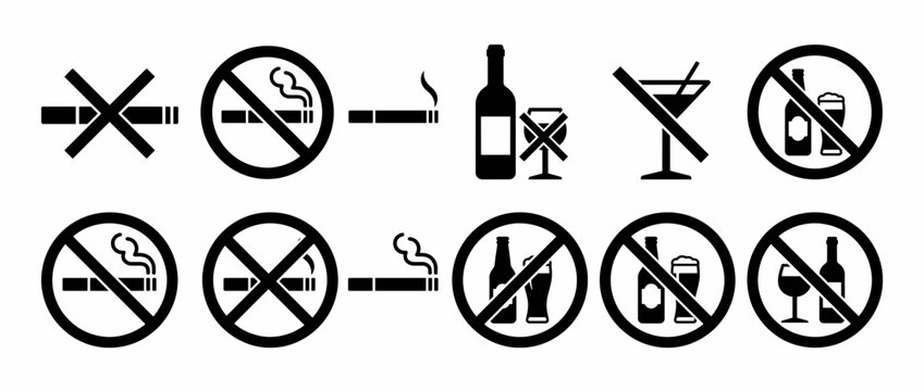 Prohibition and alcohol warning icons. Forbidden symbols for drinks and smoking. Bottle, cigarette, martini glass, cocktail icons. Vector illustration.