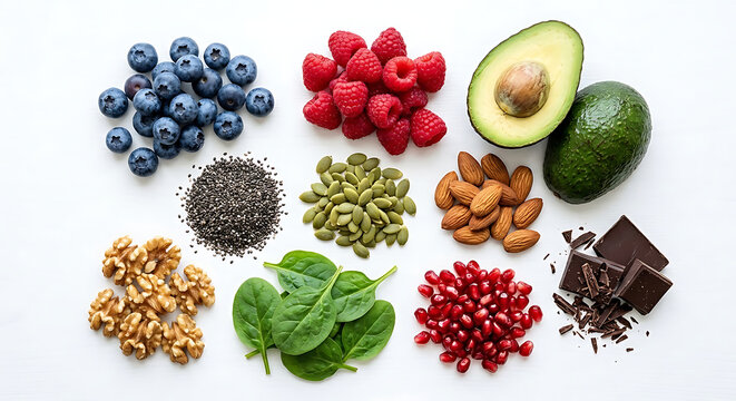 Healthy superfood ingredients including fresh blueberries raspberries avocado chia seeds pumpkin seeds almonds walnuts spinach pomegranate arils and dark chocolate arranged neatly on bright white wood