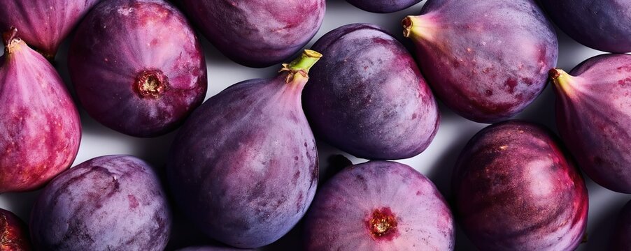 Ultra wide macro shot of figs displays velvety skin and natural bloom. Rich purple and magenta tones with soft lighting create a luxurious, high-end food background.