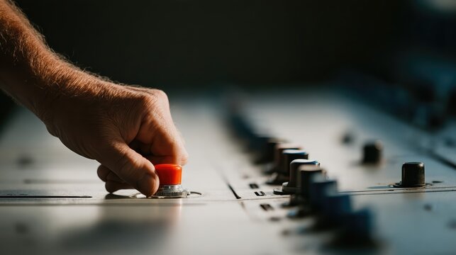 A human hand lifts a glass cover to press a large red emergency button. Dramatic lighting emphasizes the importance of this safety control in a high-tech environment.