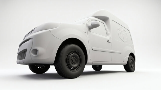 White small delivery van parked in a bright studio setting