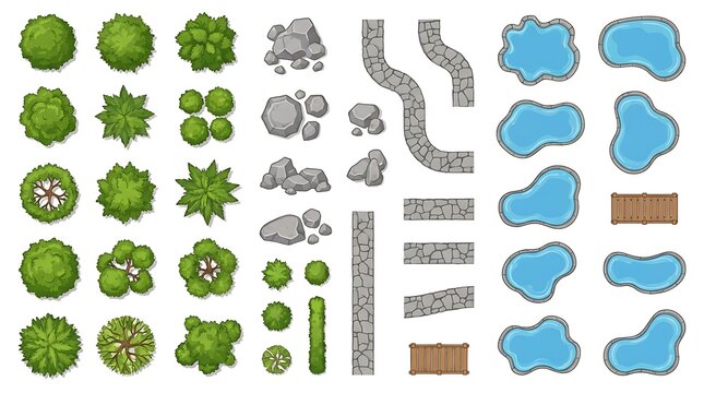 Top view landscape design elements with trees and water ponds set