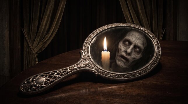 Haunting reflection of ghostly face in ornate hand mirror with candlelight