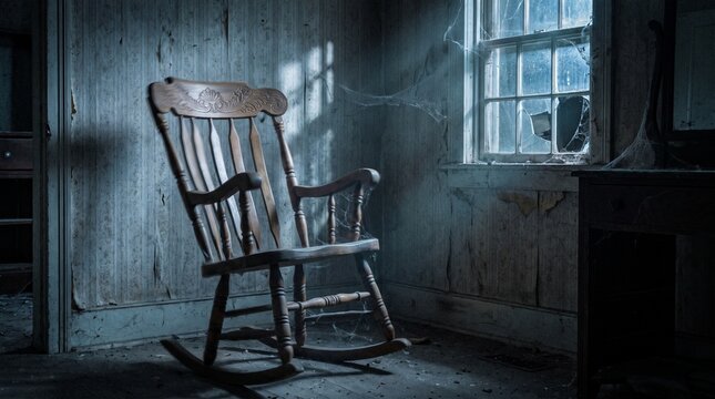 Abandoned wooden rocking chair in dusty, dimly lit room