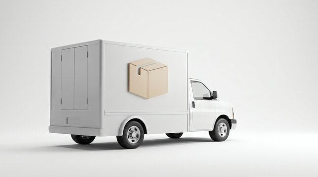 White delivery truck with parcel icon parked on light background