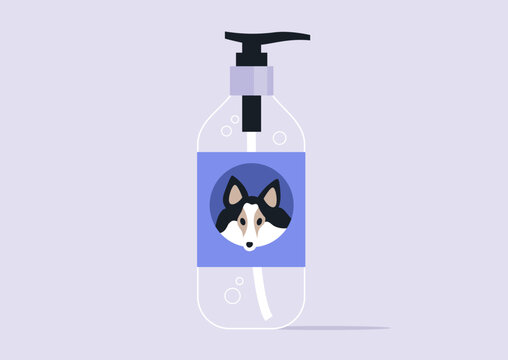 Bright and inviting pet shampoo bottle features an adorable sheltie dog illustration, Perfect for keeping pets clean and fresh. Ideal for a pleasant grooming experience at home.