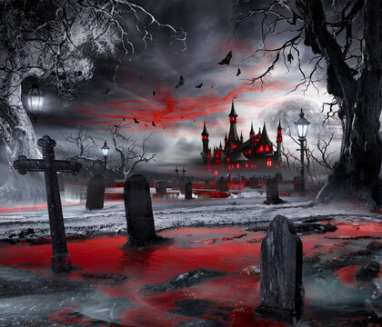 Halloween Bloody Landscape - Red Blood Flowing In Graveyard - Fog And Castle In Spooky Night With Full Moon