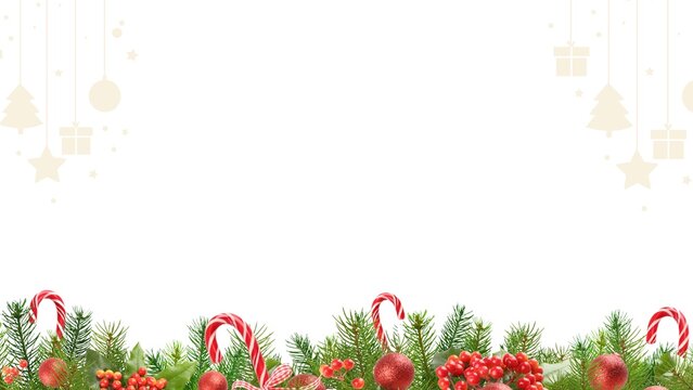 Christmas fir branch bottom border with candy canes and red berries background presentation
