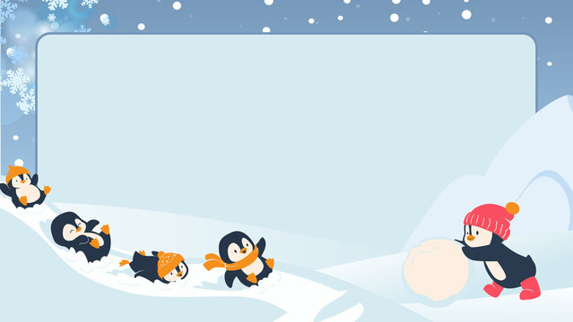 Cute winter sliding penguins background presentation with snow hill and rounded board frame