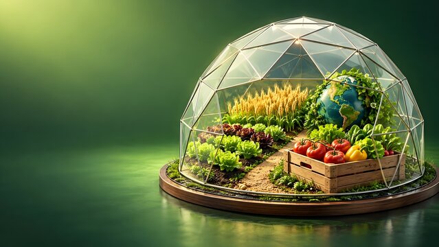 Sustainable agriculture concept Miniature biodome greenhouse nurturing diverse crops and the Earth globe symbolizing global food security and environmental care.