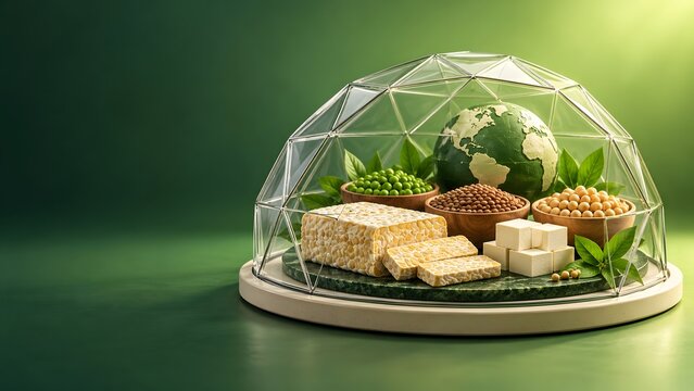 Global plant based food production under protective dome showcasing tempeh tofu peas lentils and soybeans with a stylized Earth globe.