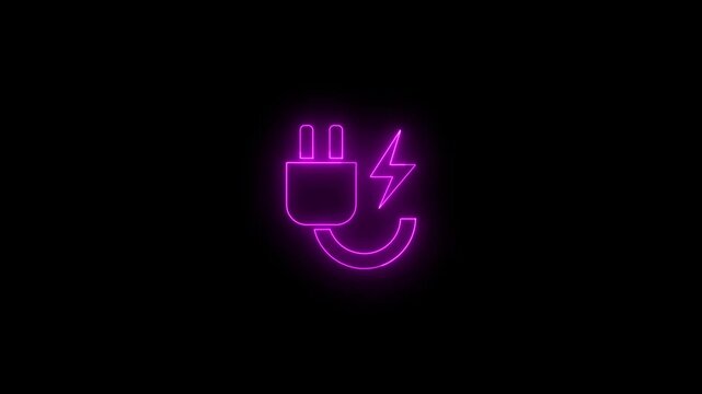Purple neon electric plug icon glowing on a black background