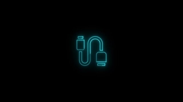 Glowing blue neon charging cable icon animation on black background