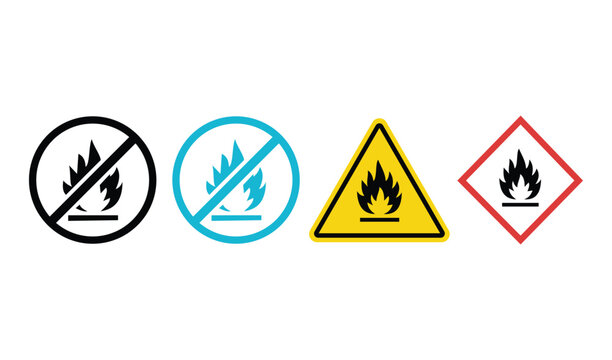 Flammable and no fire hazard warning signs set as vector graphic icons