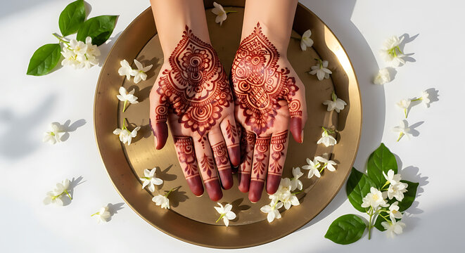 Beautiful henna art on woman hands with white jasmine flowers