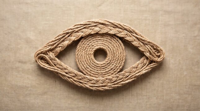 A static close-up shot presents an artistic eye shape made of twisted jute rope arranged on a neutral beige fabric background, lit softly with warm ambient light, creating a calm and