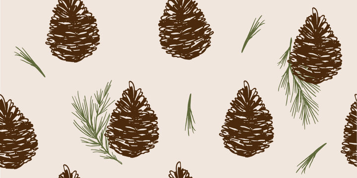 Hand-Drawn Beige Pine Cones and Needles Patterned Background