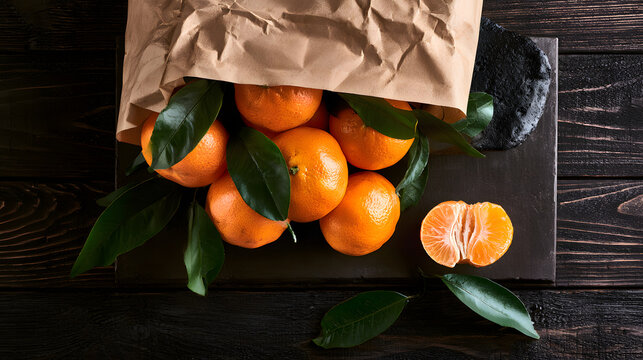 Top down view of fresh Jeju mandarins in kraft paper bag on wooden background with edge to edge sharp focus