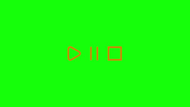 Animated media player control icons loop with play pause and stop buttons on green screen chroma key background in 4K resolution.