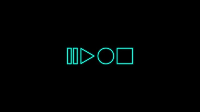 Animated cyan glowing media player control icons loop with play pause record and stop buttons on black background in 4K resolution.