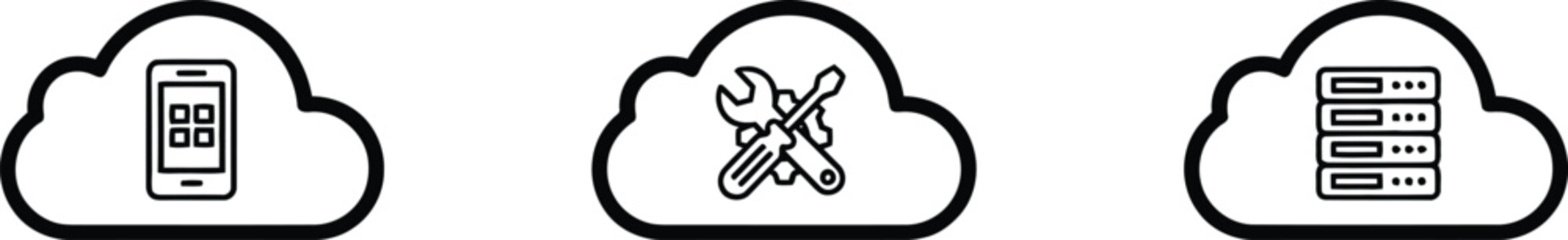 Cloud Computing, Mobile App Hosting, and Server Maintenance Vector Line Icons Set