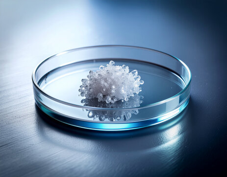 close-up view of synthesized crystalline sample substance inside a glass petri dish on a laboratory counter