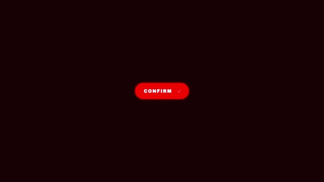 Animated red confirm button loop with dynamic word scale animation and pulsating check mark icon on dark background in 4K resolution.