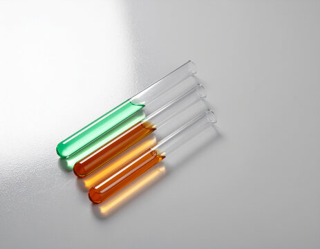 three glass laboratory test tubes containing green and amber chemical solutions lying on a clean white reflective surface
