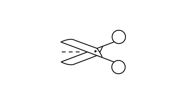 Animated black minimalist scissors icon loop with paper cut line concept on white background in 4K resolution. 