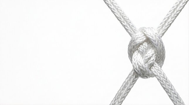 Braided white nylon sports goal net knot under maximal tension in high key studio light, football score target achievement and resilience concept with copy space   
