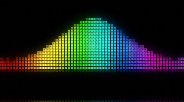 Vibrant rainbow equalizer wave pattern made of glowing square pixels on black