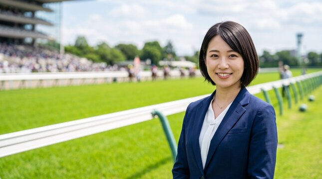 緑豊かな競馬場のターフを背景に穏やかな笑顔を見せる、知的で爽やかな20代日本人社員のプロフィールポートレート