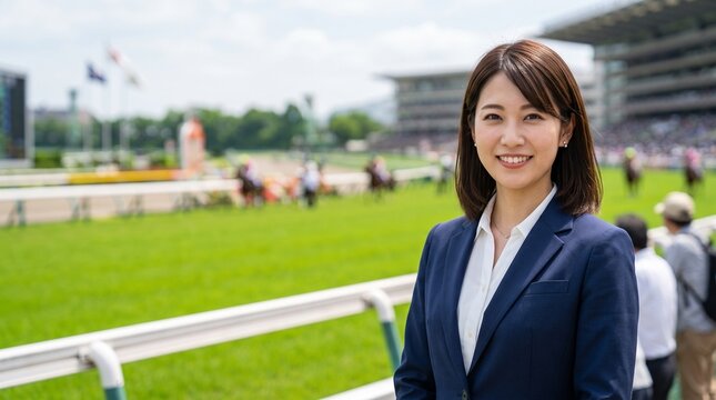 緑豊かな競馬場のターフを背景に穏やかな笑顔を見せる、知的で爽やかな20代日本人社員のプロフィールポートレート