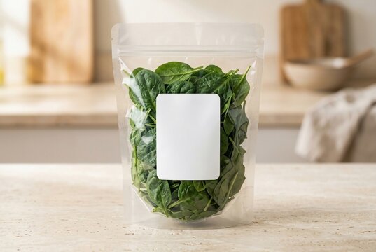 Organic Baby Spinach in Clear Stand-up Pouch with Blank Label Mockup on Modern Kitchen Countertop Background