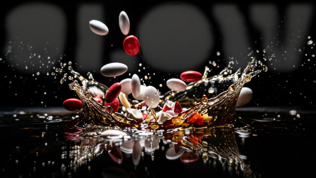 Dynamic splash of dark cola liquid with falling red and white candies on black background