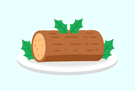 Traditional Christmas Yule Log Cake Yule Log B&ucirc;che de No&euml;l Served on Plate Vector Illustration