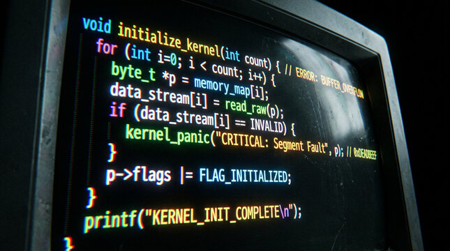 Close-up of computer code displayed on a vintage CRT monitor screen, showing programming.