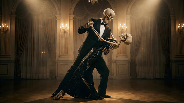 Two elegant human skeletons dancing a romantic ballroom tango in a grand opulent hall for a halloween celebration