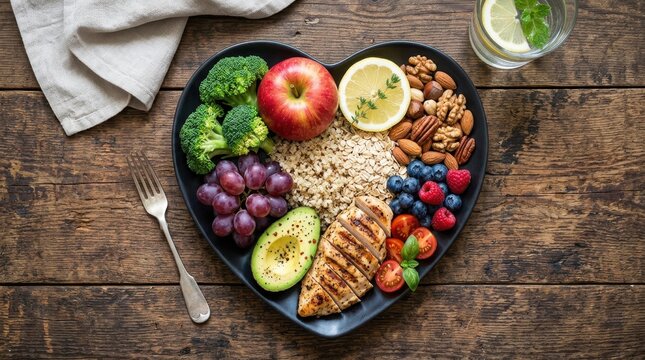 Heart shaped plate with healthy balanced meal of grilled chicken, vegetables, fruits, and nuts